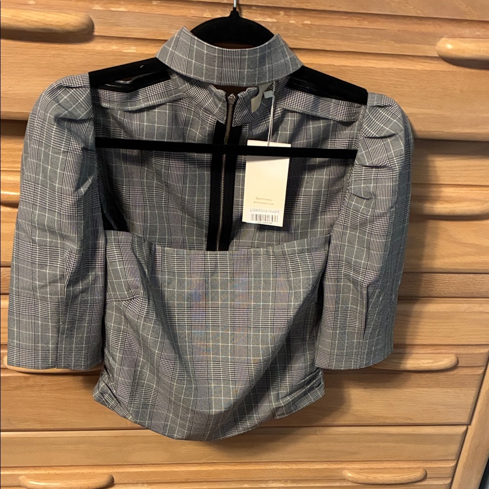 Tailored Plaid Square-Neck Crop Top - Gray Plaid